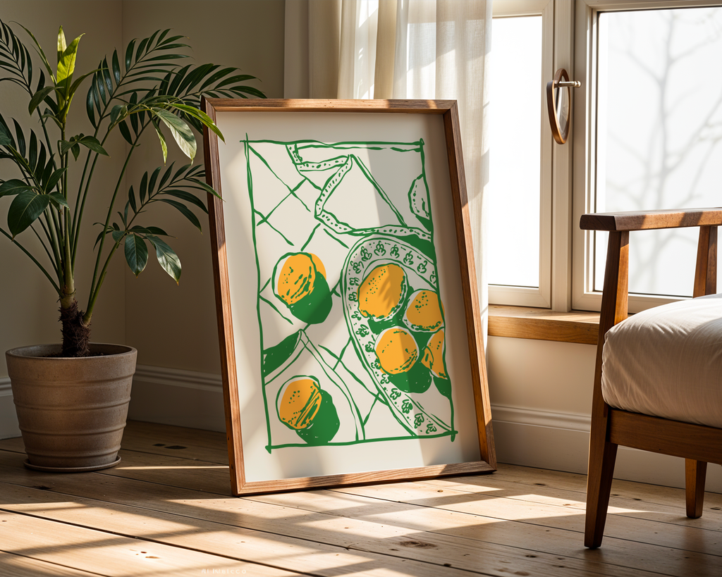 Mockup av Apricots of Memory affisch på vägg – köp enkelt hos Bozetto i hög kvalitet