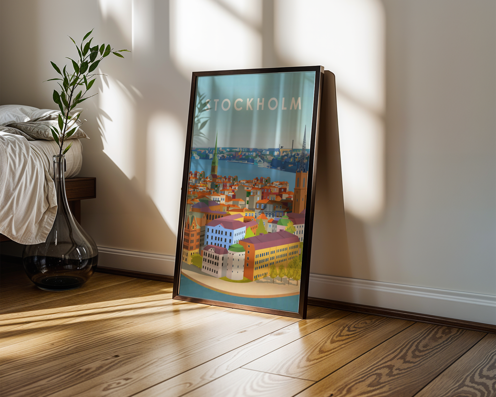Mockup av Stockholm Cityscape affisch på vägg – köp enkelt hos Bozetto i hög kvalitet