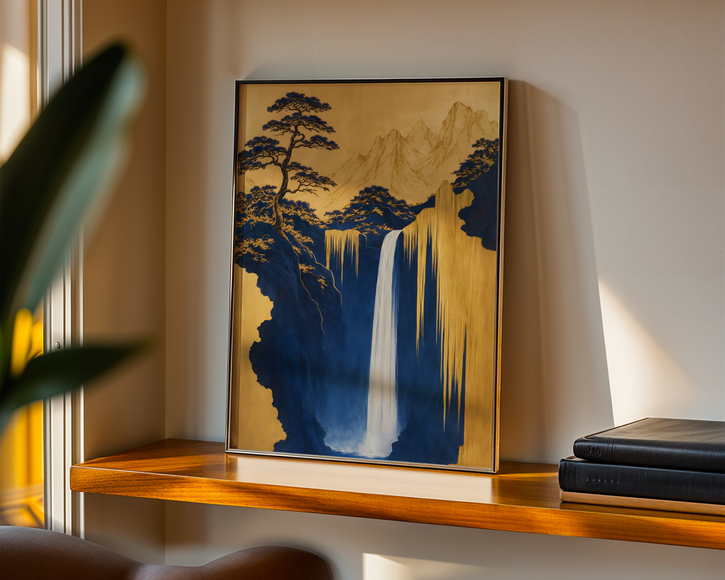 Mockup av Golden Cascade Silence affisch på vägg – köp enkelt hos Bozetto i hög kvalitet
