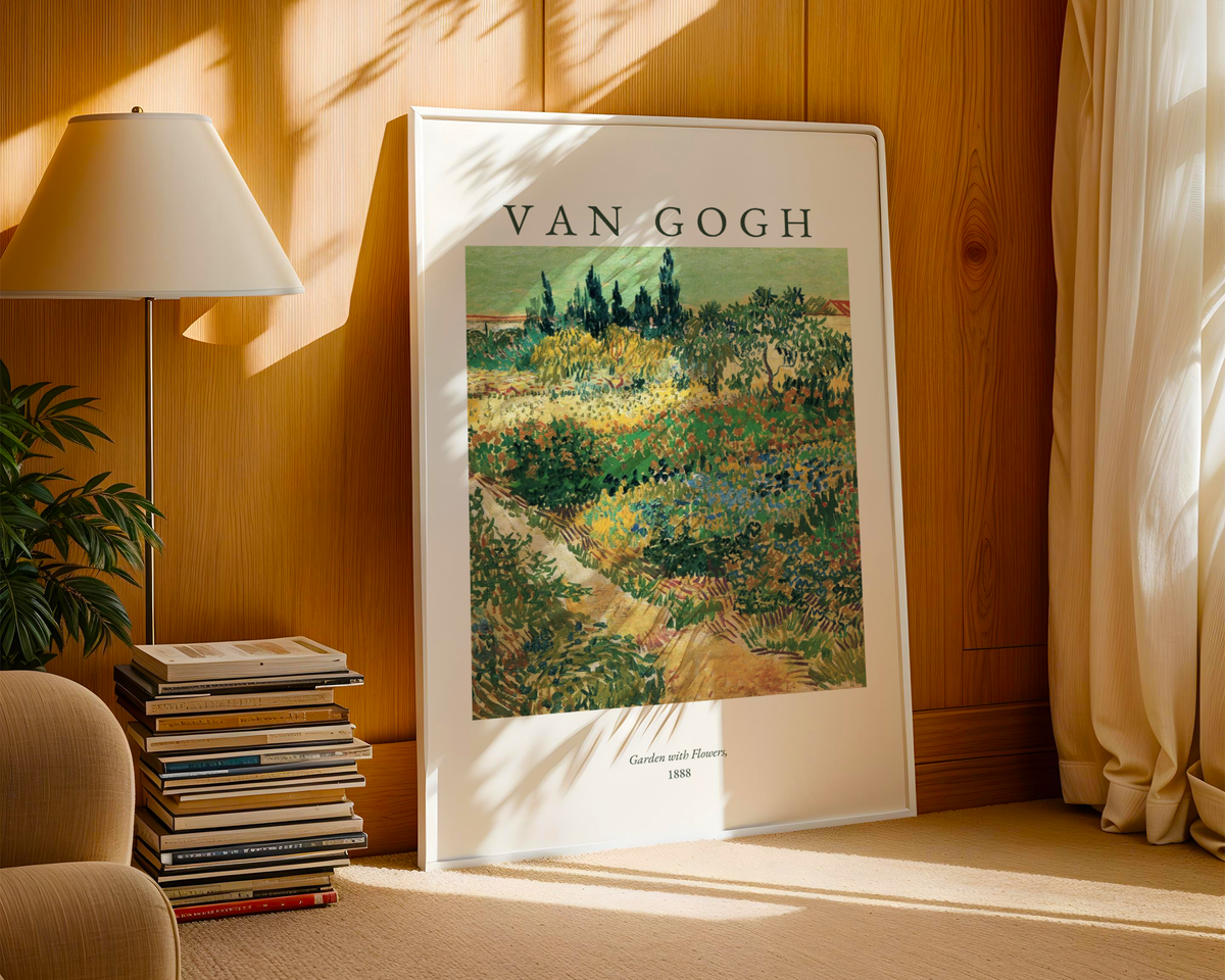 Van Gogh Garden With Flowers poster visualiserad på vägg – från Bozetto i hög kvalitet