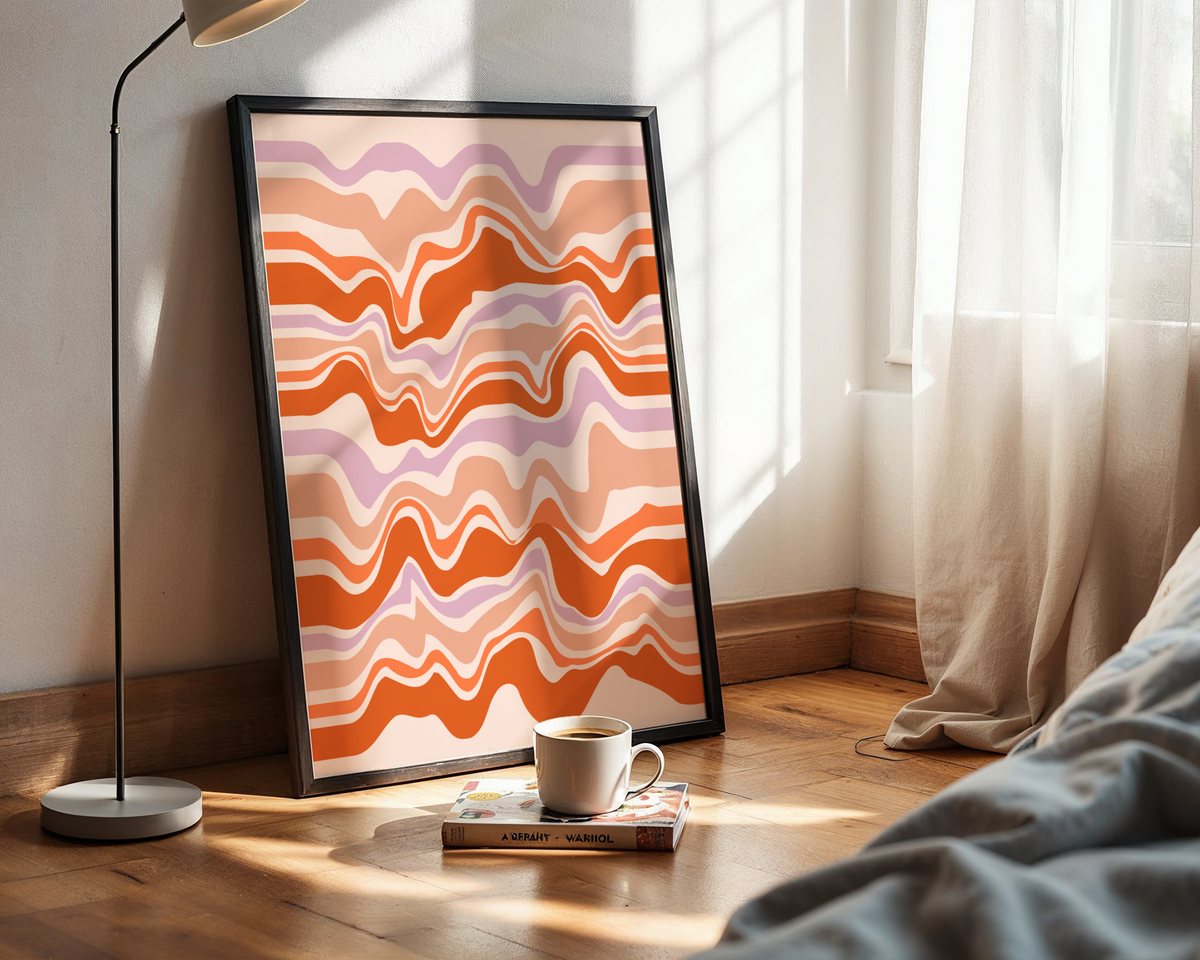 Väggmockup av Peachy Waves affisch på ljus tegelvägg – Bozetto konsttryck i hög tryckkvalitet