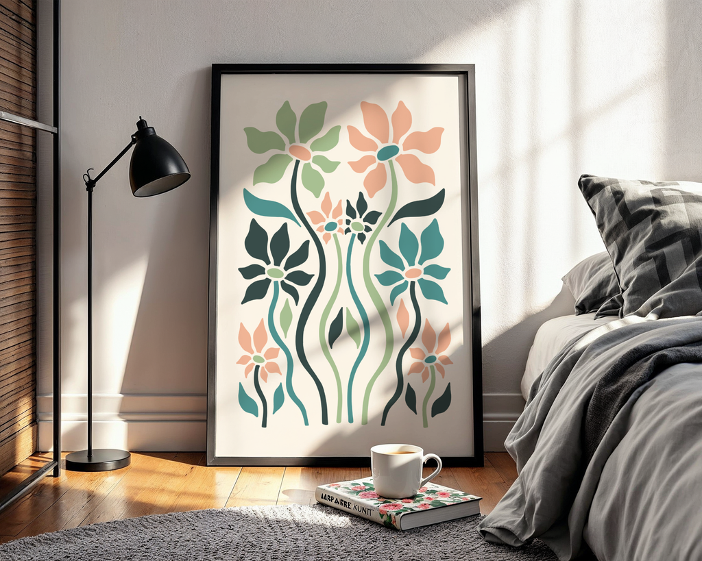 Mockup av Pastel Bloom Garden affisch på vägg – köp enkelt hos Bozetto i hög kvalitet