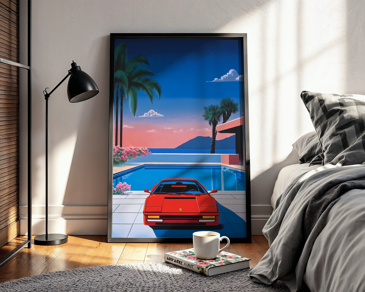 Mockup av Retro 80s Ferrari Hiroshi affisch på vägg – köp enkelt hos Bozetto i hög kvalitet