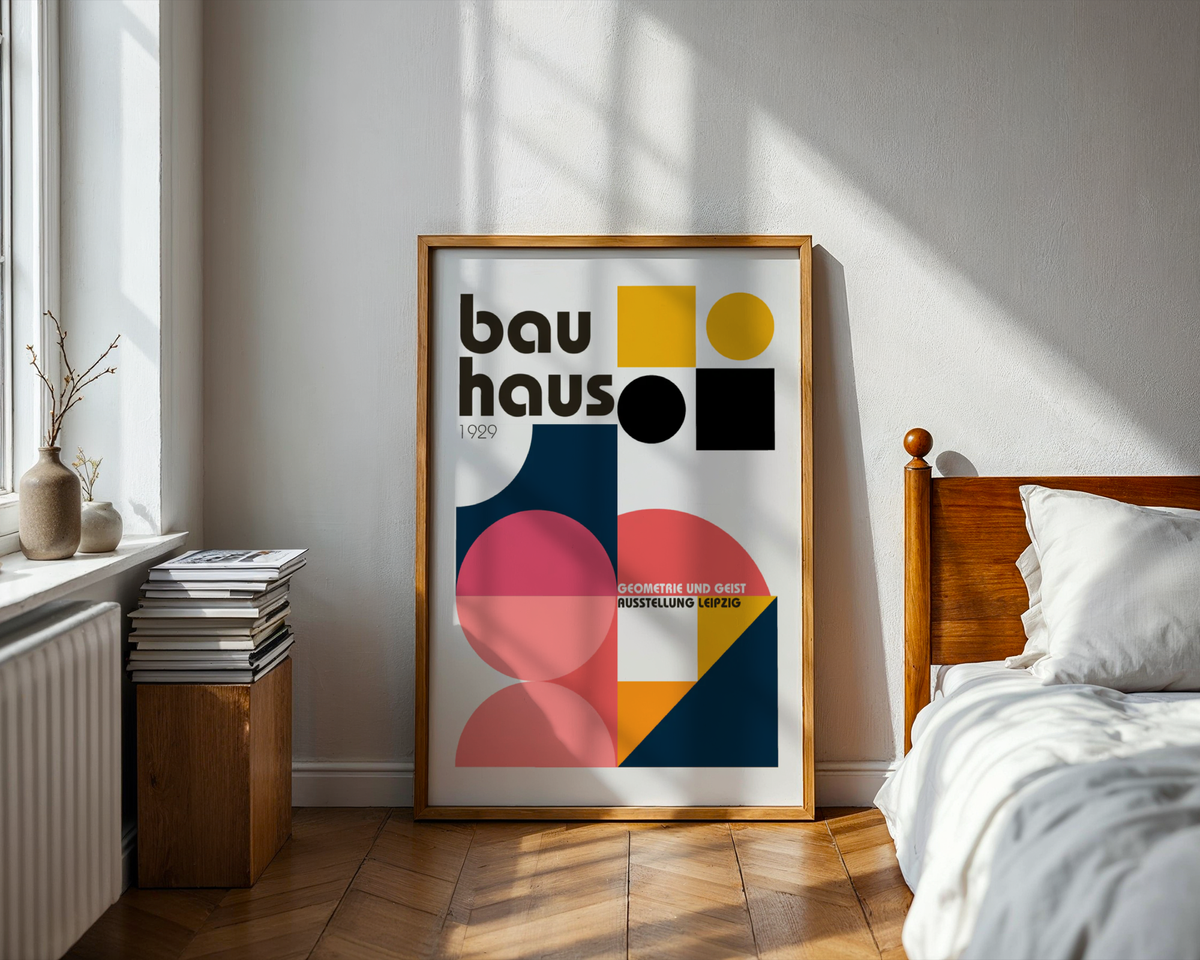 Mockup av Bauhaus Leipzig Exhibition affisch på vägg – köp enkelt hos Bozetto i hög kvalitet
