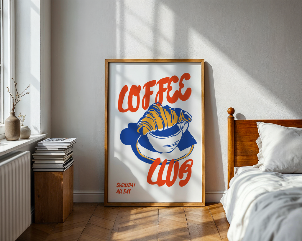 Mockup av Everyday I'm Coffeeing affisch på vägg – köp enkelt hos Bozetto i hög kvalitet