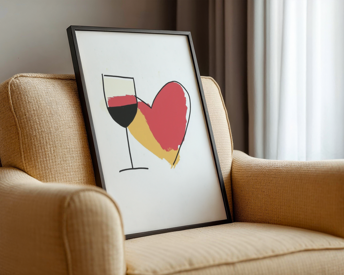 Väggmockup av Wine Is Love affisch på ljus tegelvägg – Bozetto konsttryck i hög tryckkvalitet