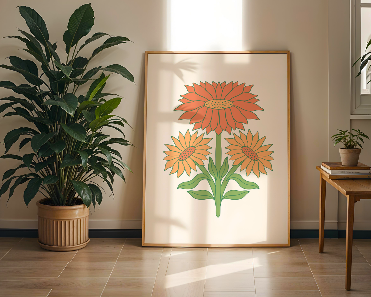 Mockup av Sunburst Blooms affisch på vägg – köp enkelt hos Bozetto i hög kvalitet