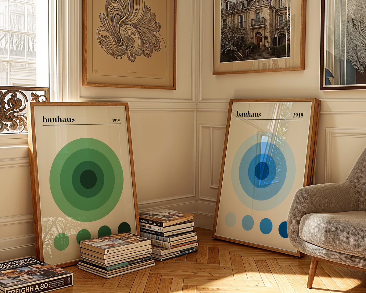 Väggmockup av Bauhaus Green Circles affisch på ljus vägg – Bozetto konsttryck – nr 3