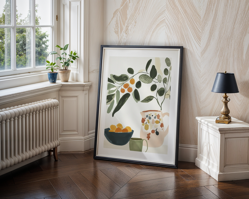 Väggmockup av Citrus Table affisch på ljus tegelvägg – Bozetto konsttryck i hög tryckkvalitet