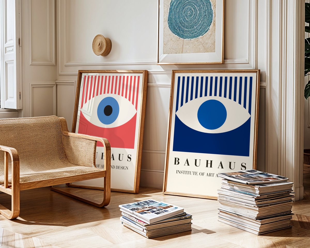 Väggmockup av Bauhaus Blue Eye affisch på ljus tegelvägg – Bozetto konsttryck i hög tryckkvalitet