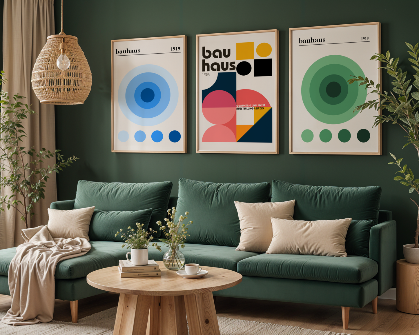 Ett mysigt vardagsrum med en grön soffa, beige kuddar, ett soffbord i trä och växter. Ovanför soffan skapar Bozetto Bundle 3-pack Bauhaus No. 1 en slående tavelvägg med tre geometriska tryck på den mörkgröna väggen.