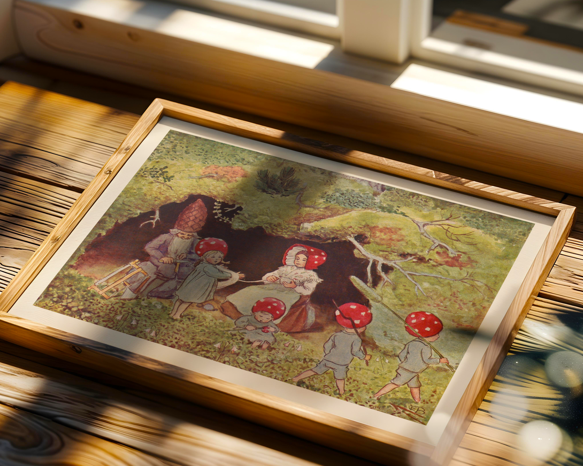 Mockup av Elsa Beskow Tomtebobarnen affisch på vägg – köp enkelt hos Bozetto i hög kvalitet