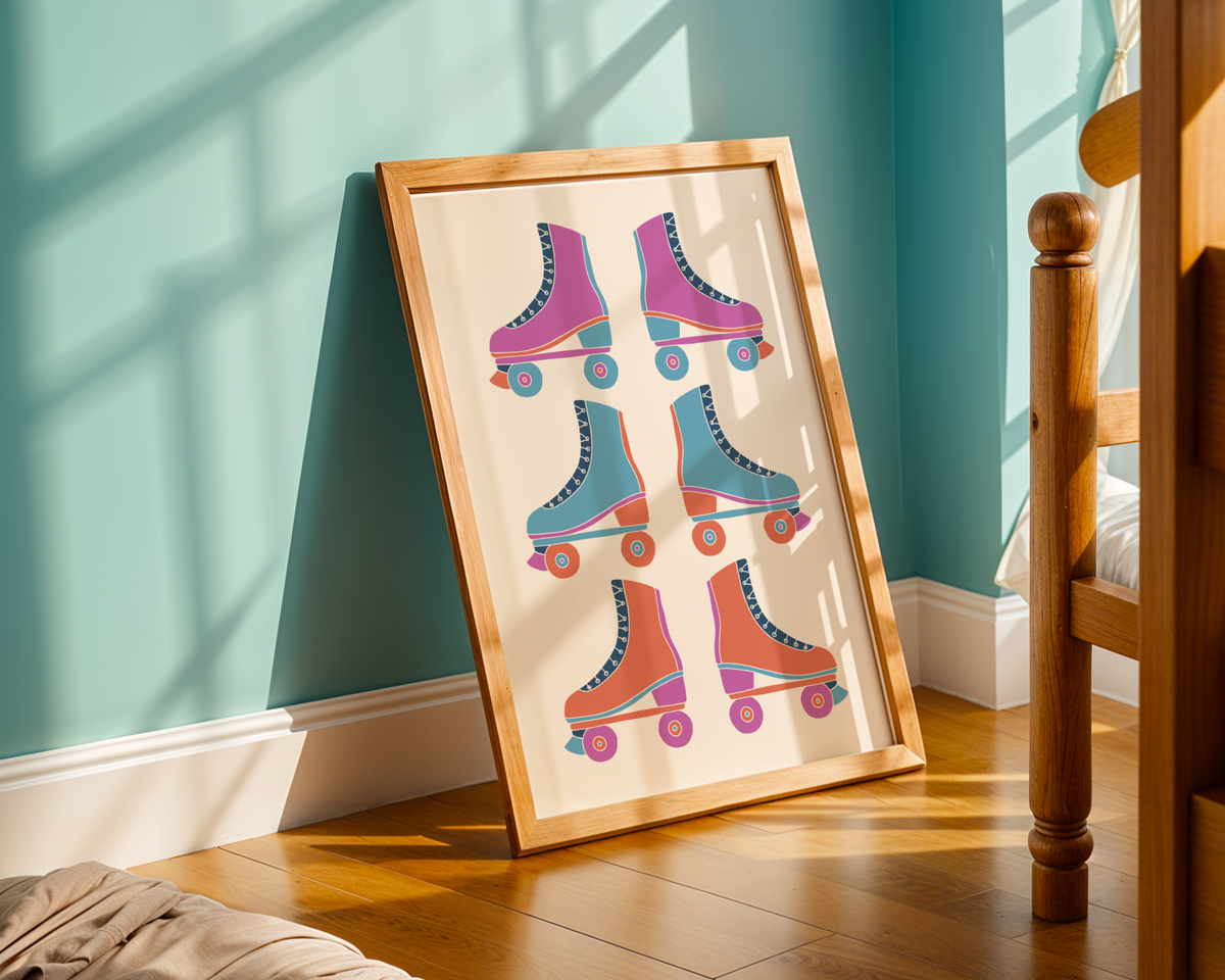 Mockup av Retro Roller Skates affisch på vägg – köp enkelt hos Bozetto i hög kvalitet