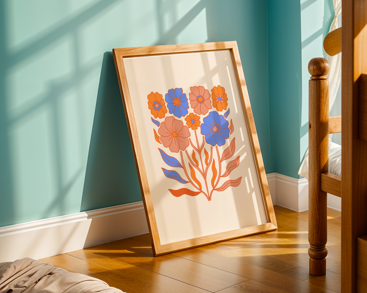 Mockup av Bold Blue Blooms affisch på vägg – köp enkelt hos Bozetto i hög kvalitet