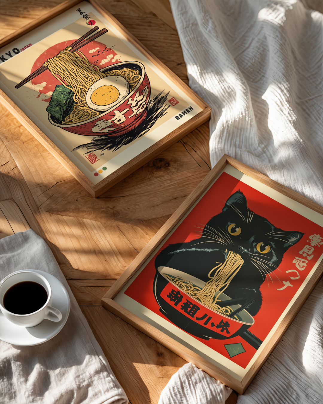 Bundle 2-pack Japandi Ramen Cat Delight – kuraterad postercollection som lyfter hemmet hos Bozetto