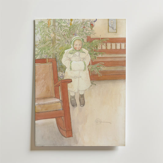 Bozetto Carl Larsson Girl and Rocking Chair Poster föreställer ett litet barn i en vit vinterrock vid julgranen och trämöblerna, med varmt ljus och mjuka färger som skapar en mysig, nostalgisk julstämning inomhus.