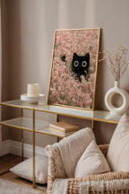 Hidden Blossom Cat affisch i guldram pa konsolbord - Bozetto konsttryck i hog kvalitet