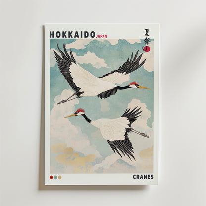 Bozetto Hokkaido Cranes Poster visar tranor i vintagestil som flyger mot en blå himmel med moln, en liten röd sol, japanska tecken och texten "Hokkaido Japan, Cranes" för en poetisk touch.