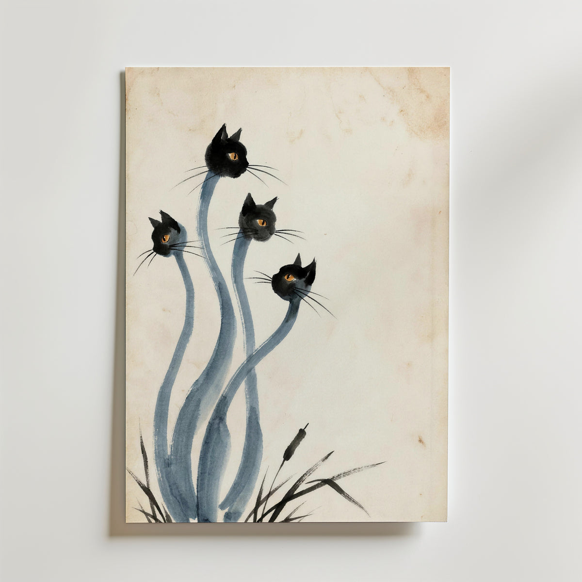 Ink Cats Poster – katter med långa halsar i sumi-e tusch