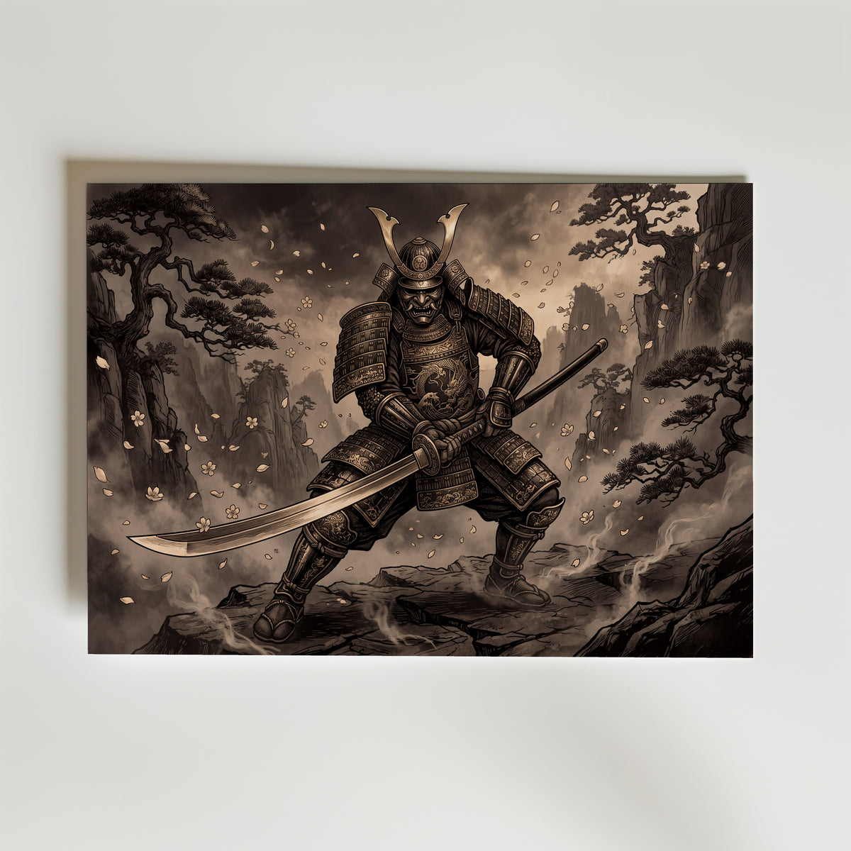 Iron Samurai Poster – samurai i drakskulpterat stalsänkpansar med katana mot klätterträd och dimma