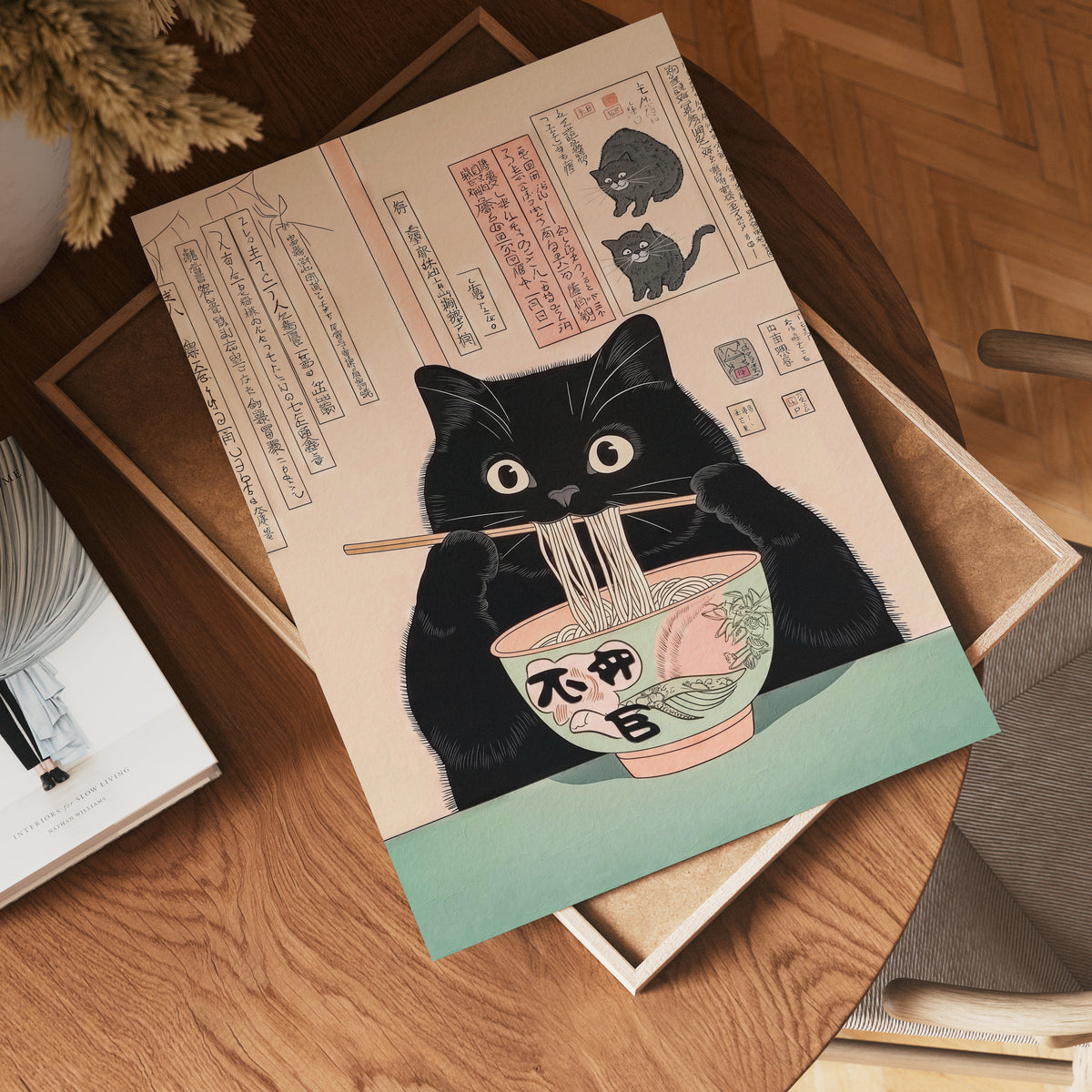 Midnight Cat Ramen No.2 poster visualiserad på vägg – stilren mockup från Bozetto