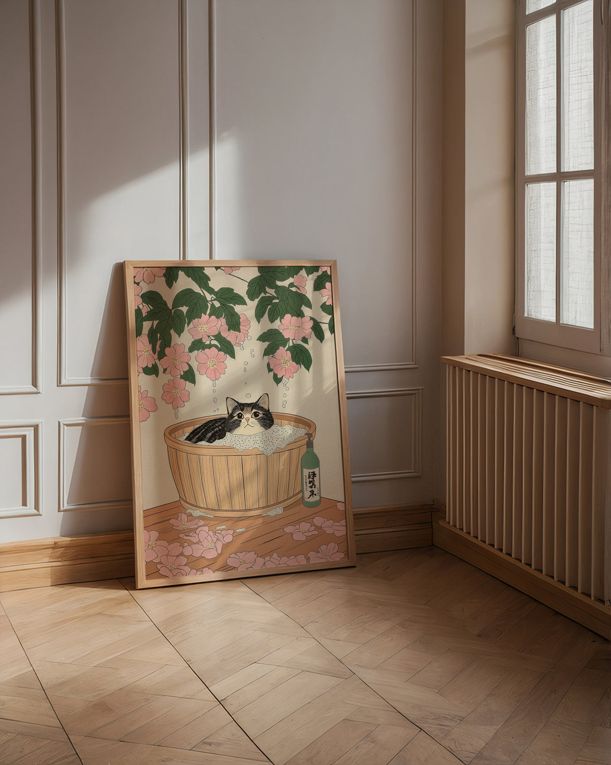 Väggmockup med Cat In Sakura Bath – köp enkelt hos Bozetto affisch i hög kvalitet