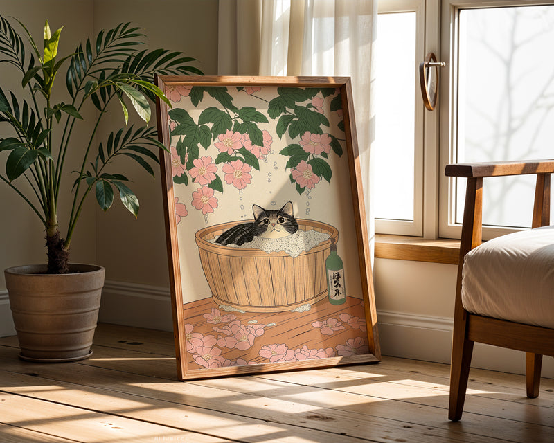 Cat In Sakura Bath Poster