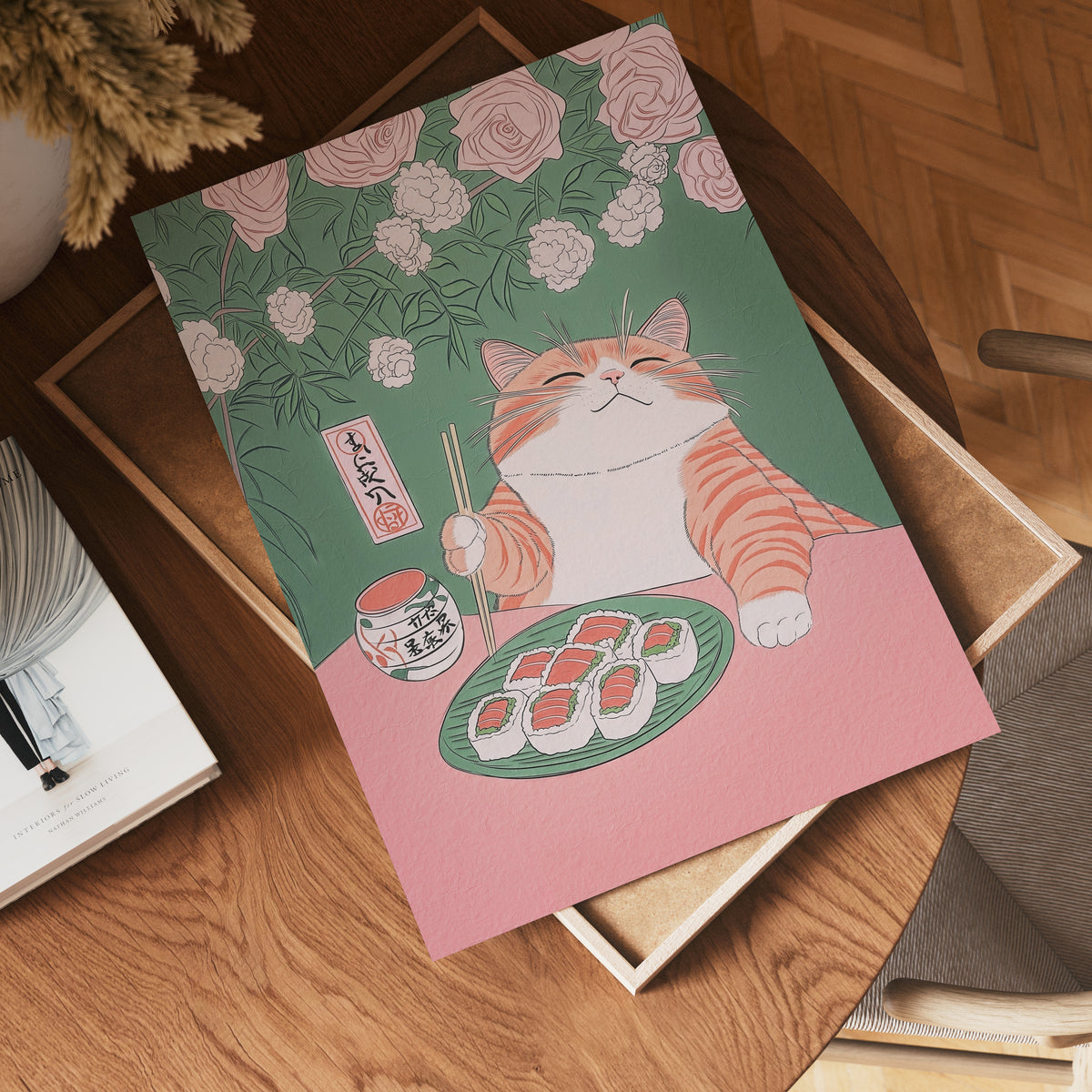 Väggmockup av Sushi Cat Delight affisch på ljus vägg – Bozetto konsttryck – nr 4