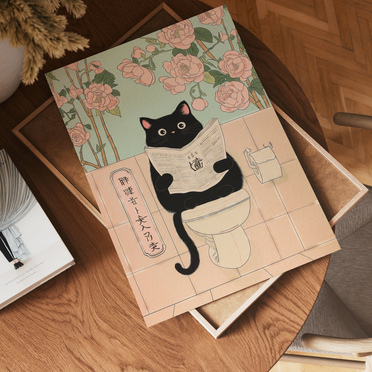Väggmockup av Morning Routine Cat affisch på ljus vägg – Bozetto konsttryck – nr 5