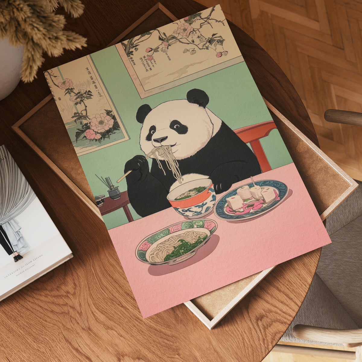 Panda Feast i väggmockup – konsttryck presenterat i verklig miljö av Bozetto i hög tryckkvalitet