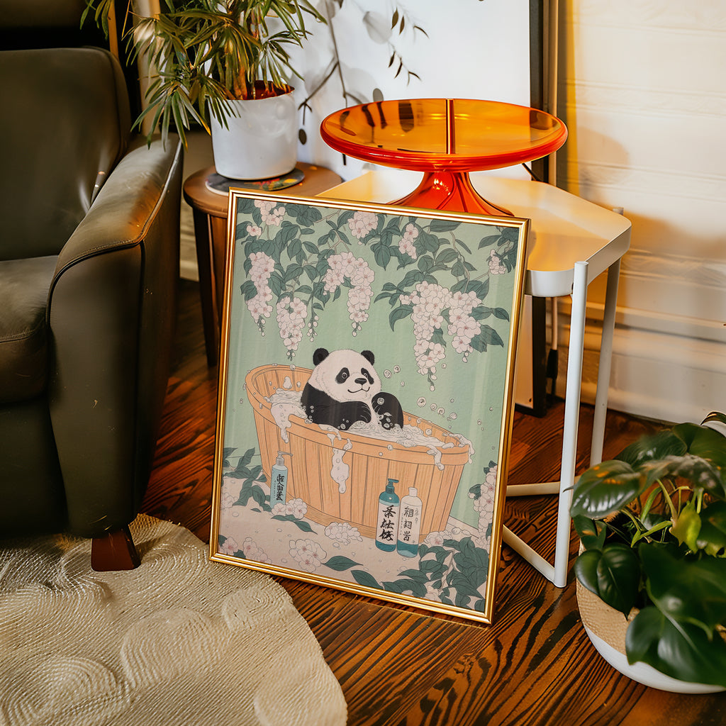 Väggmockup av Zen Bath Panda affisch på ljus tegelvägg – Bozetto konsttryck i hög tryckkvalitet