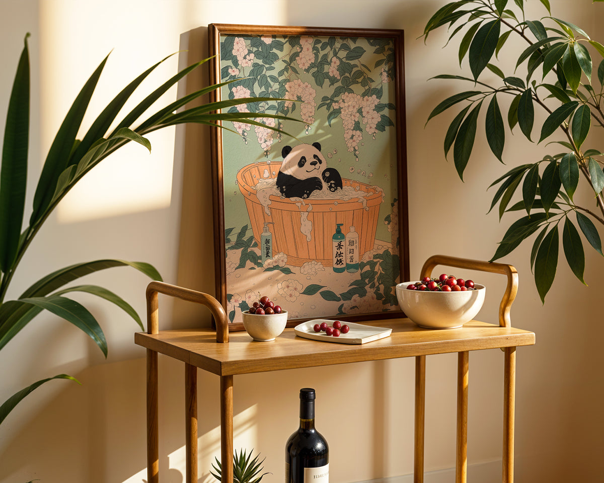 Zen Bath Panda poster visualiserad på vägg – se rätt storlek med mockup från Bozetto