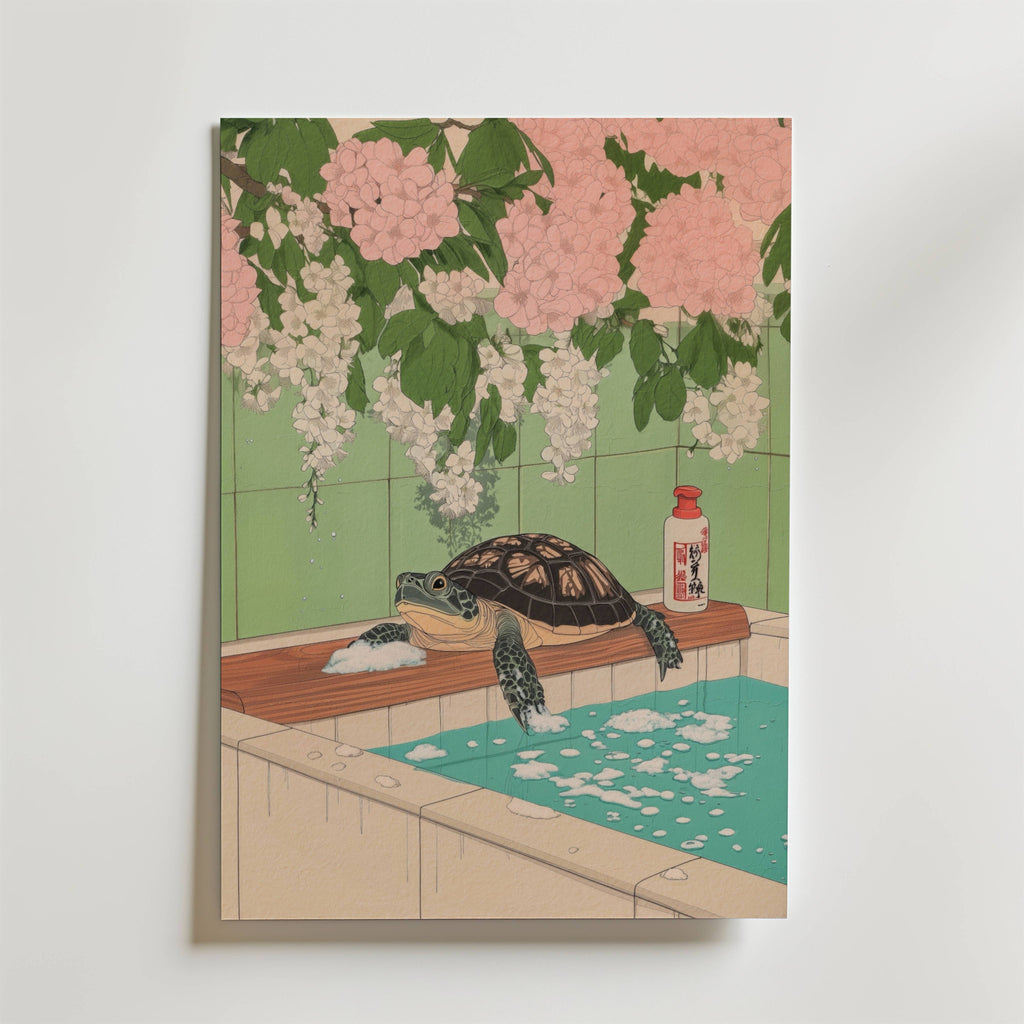 Mockup av Bathing Turtle affisch på vägg – köp enkelt hos Bozetto i hög kvalitet