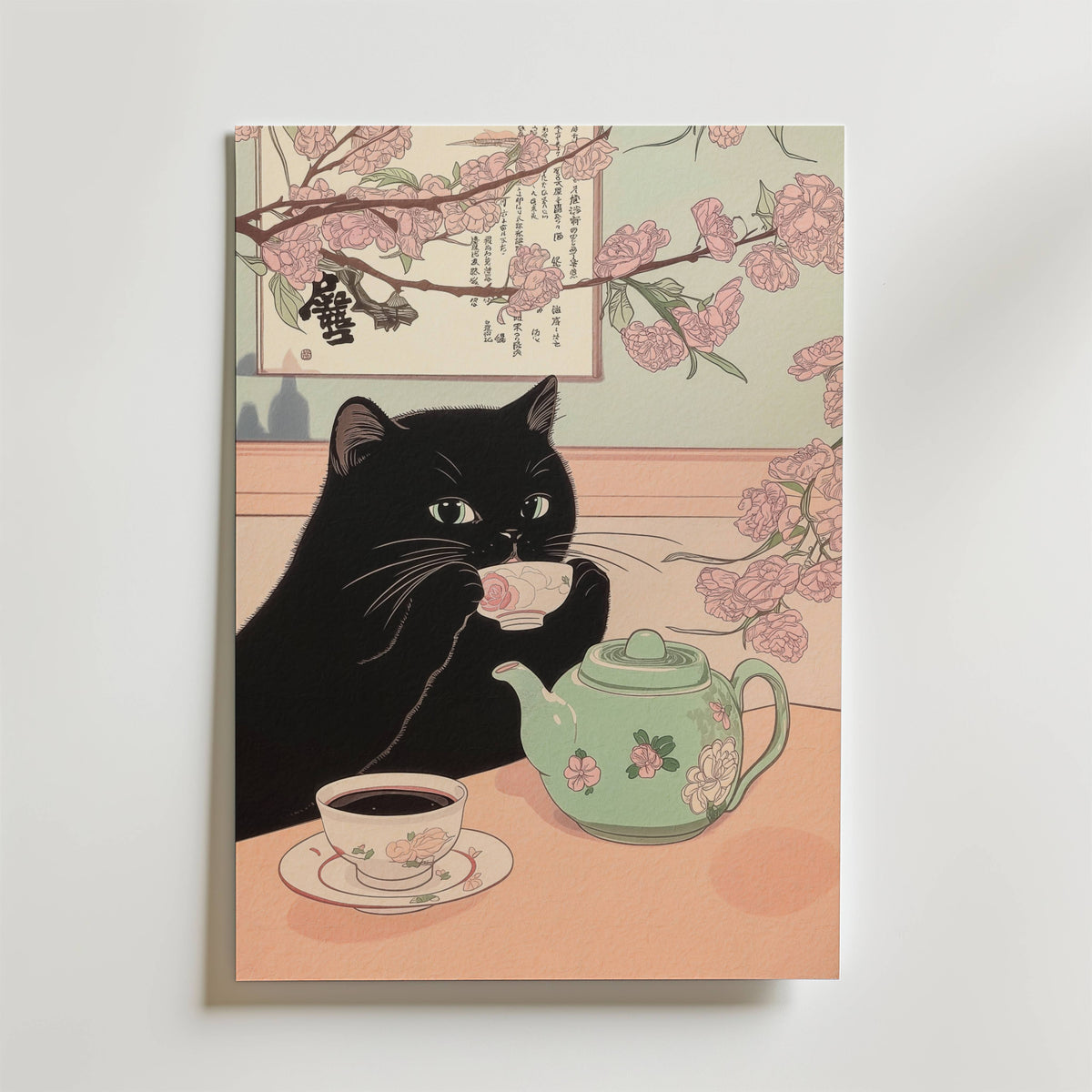 Mockup av Sakura Tea Cat affisch på vägg – köp enkelt hos Bozetto i hög kvalitet