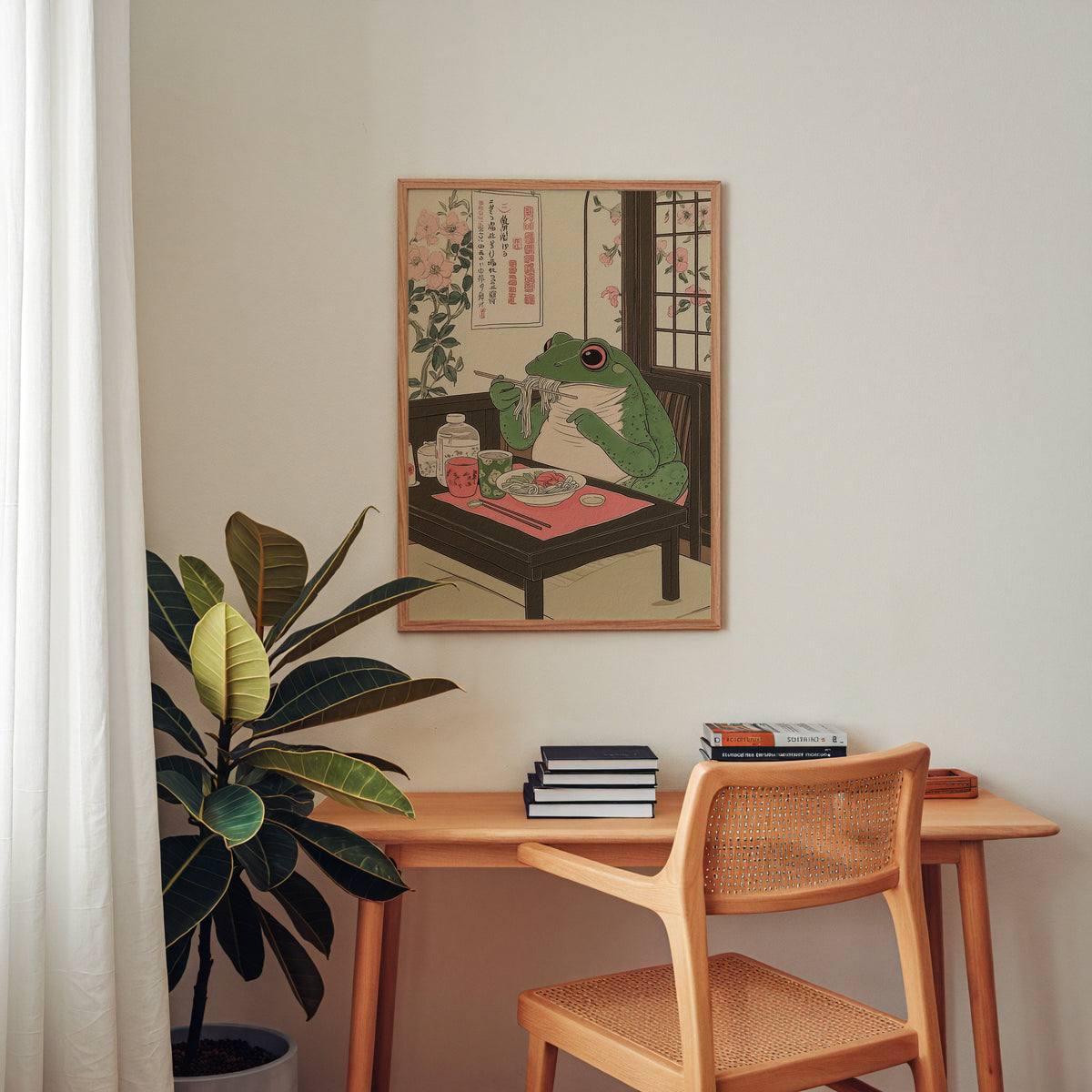 Ramen Frog poster visualiserad på vägg – se rätt storlek med mockup från Bozetto