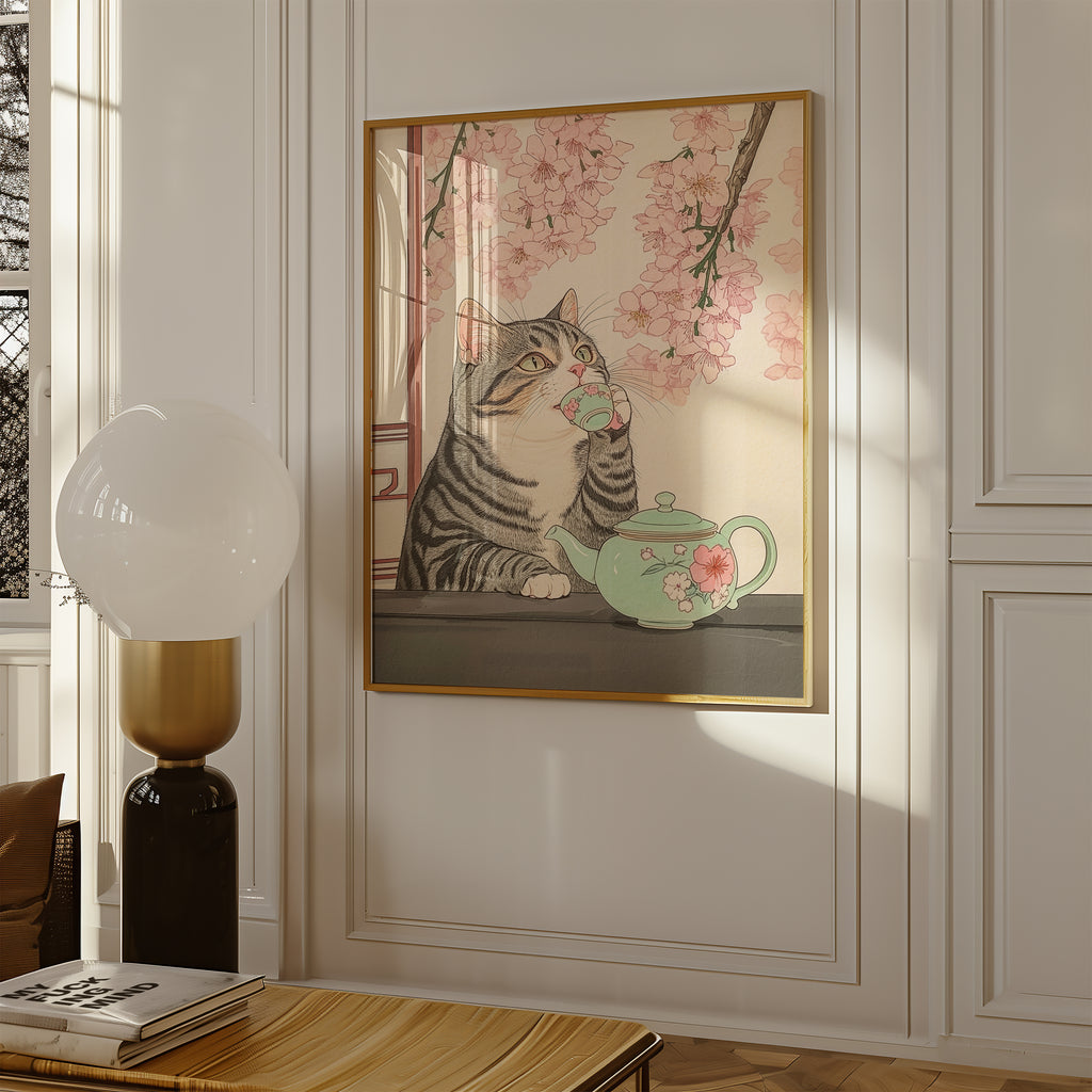 Tea Time Cat poster visualiserad på vägg – se rätt storlek med mockup från Bozetto
