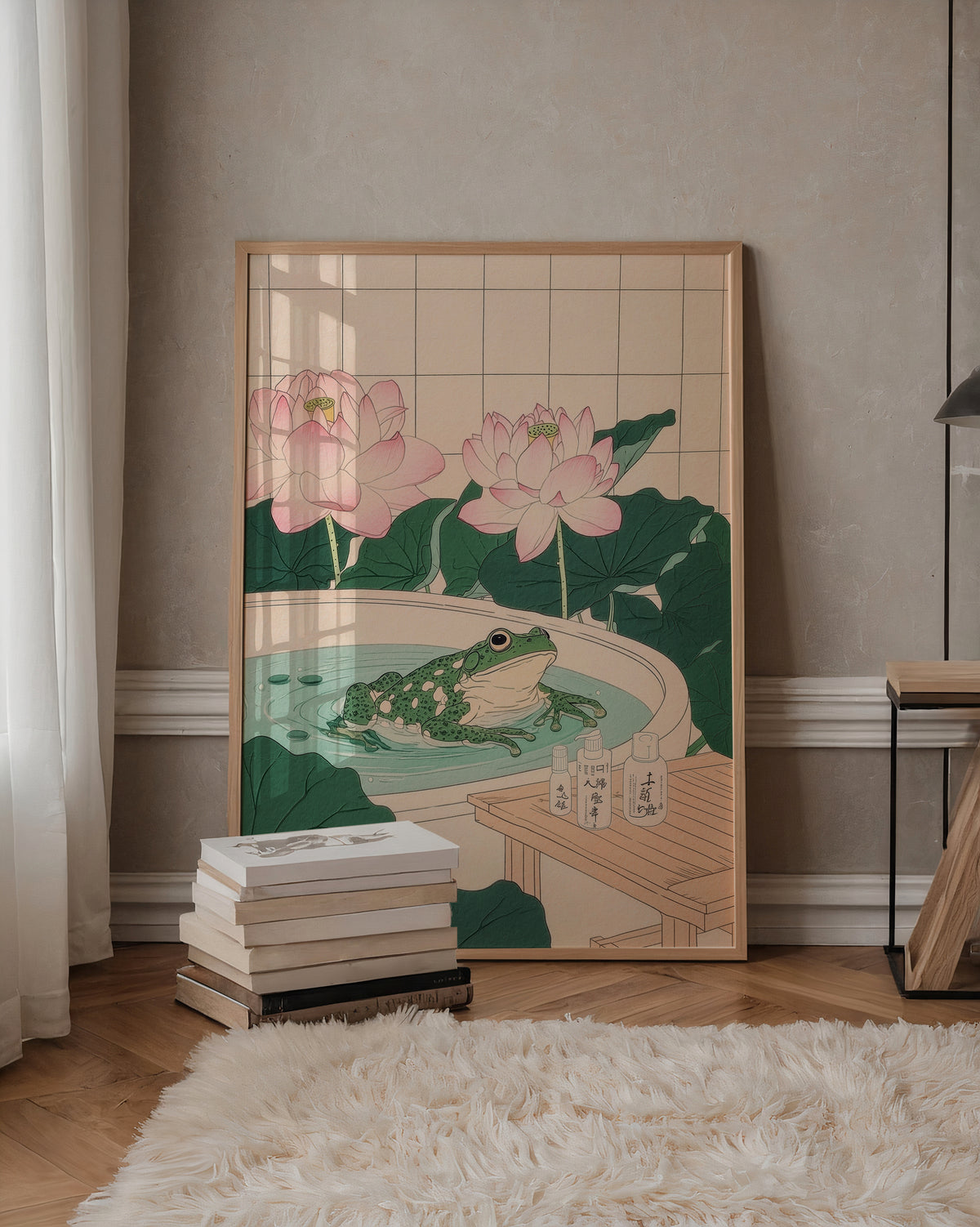 Väggmockup av Lotus Frog Bath affisch på ljus tegelvägg – Bozetto konsttryck i hög tryckkvalitet