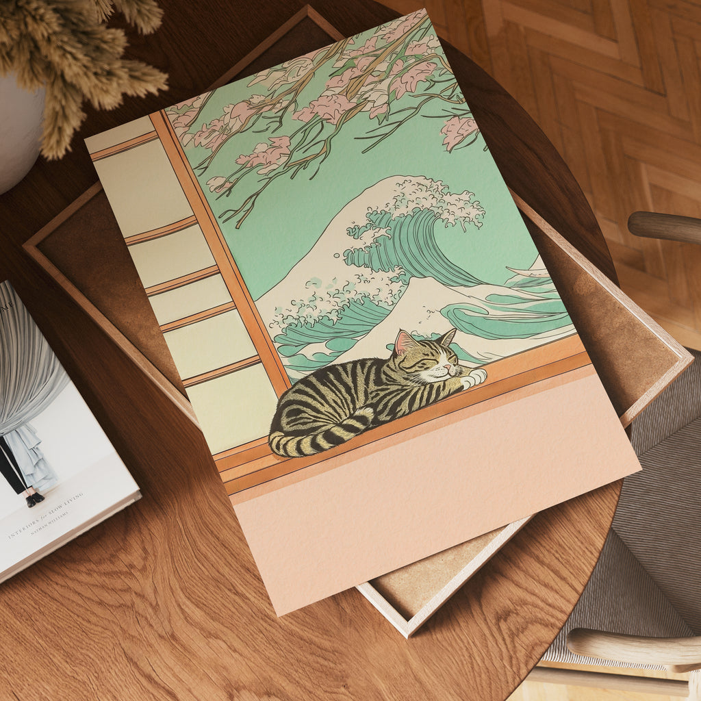 Väggmockup av Sleeping Cat Wave affisch på ljus vägg – Bozetto konsttryck – nr 4