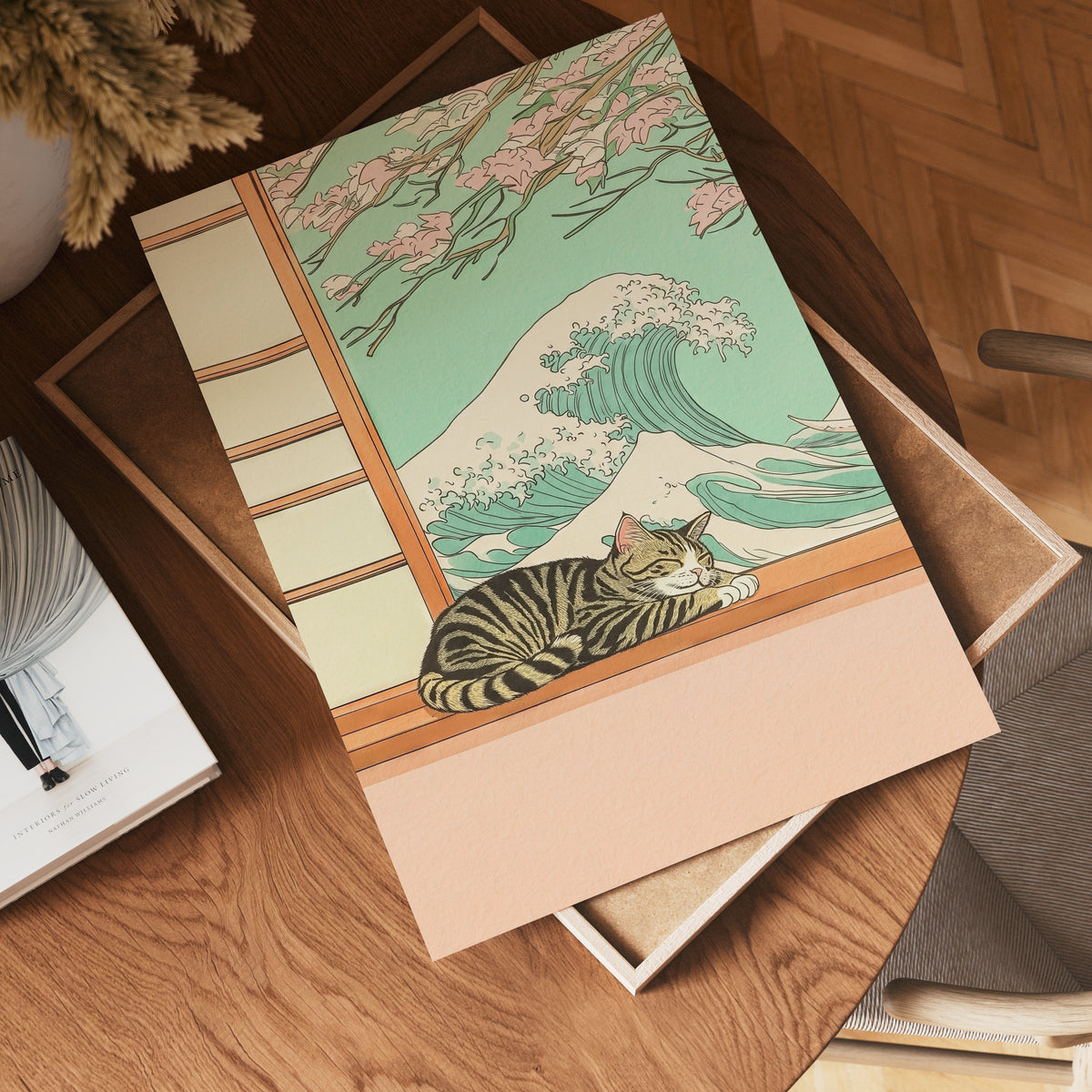 Väggmockup av Sleeping Cat Wave affisch på ljus vägg – Bozetto konsttryck – nr 4