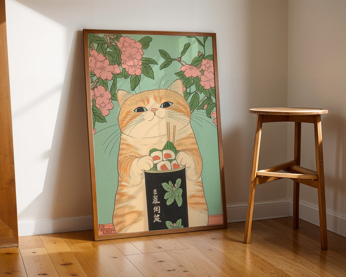 Sushi Roll Cat poster visualiserad på vägg – se rätt storlek med mockup från Bozetto