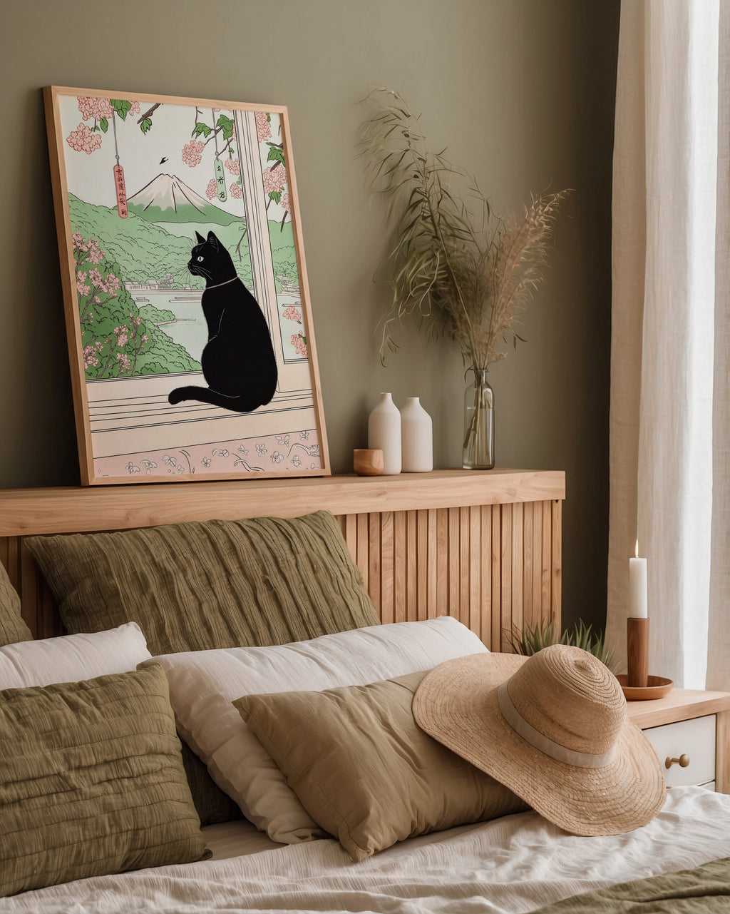 Väggmockup med Sakura Window Cat – köp enkelt hos Bozetto affisch i hög kvalitet