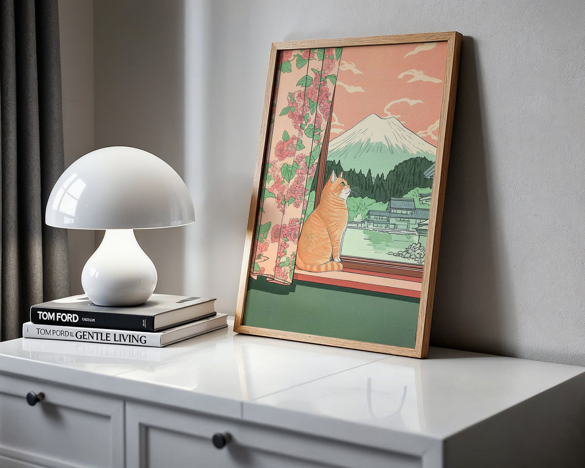 Väggmockup med Peaceful Fuji Window – köp enkelt hos Bozetto affisch i hög kvalitet