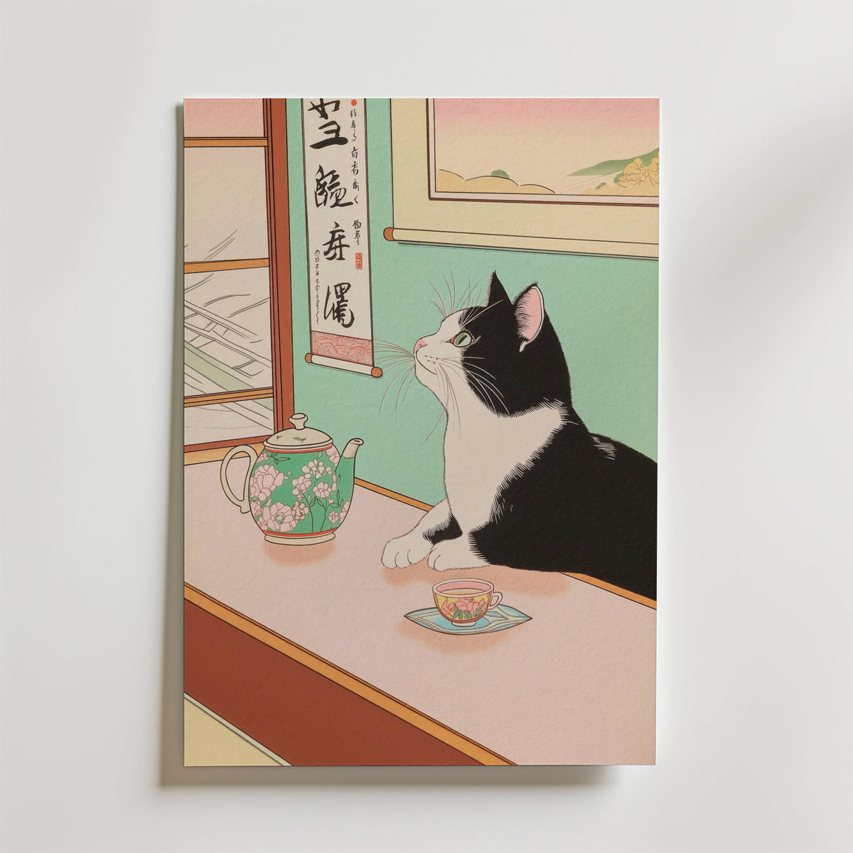 Mockup av Tranquil Feline affisch på vägg – köp enkelt hos Bozetto i hög kvalitet