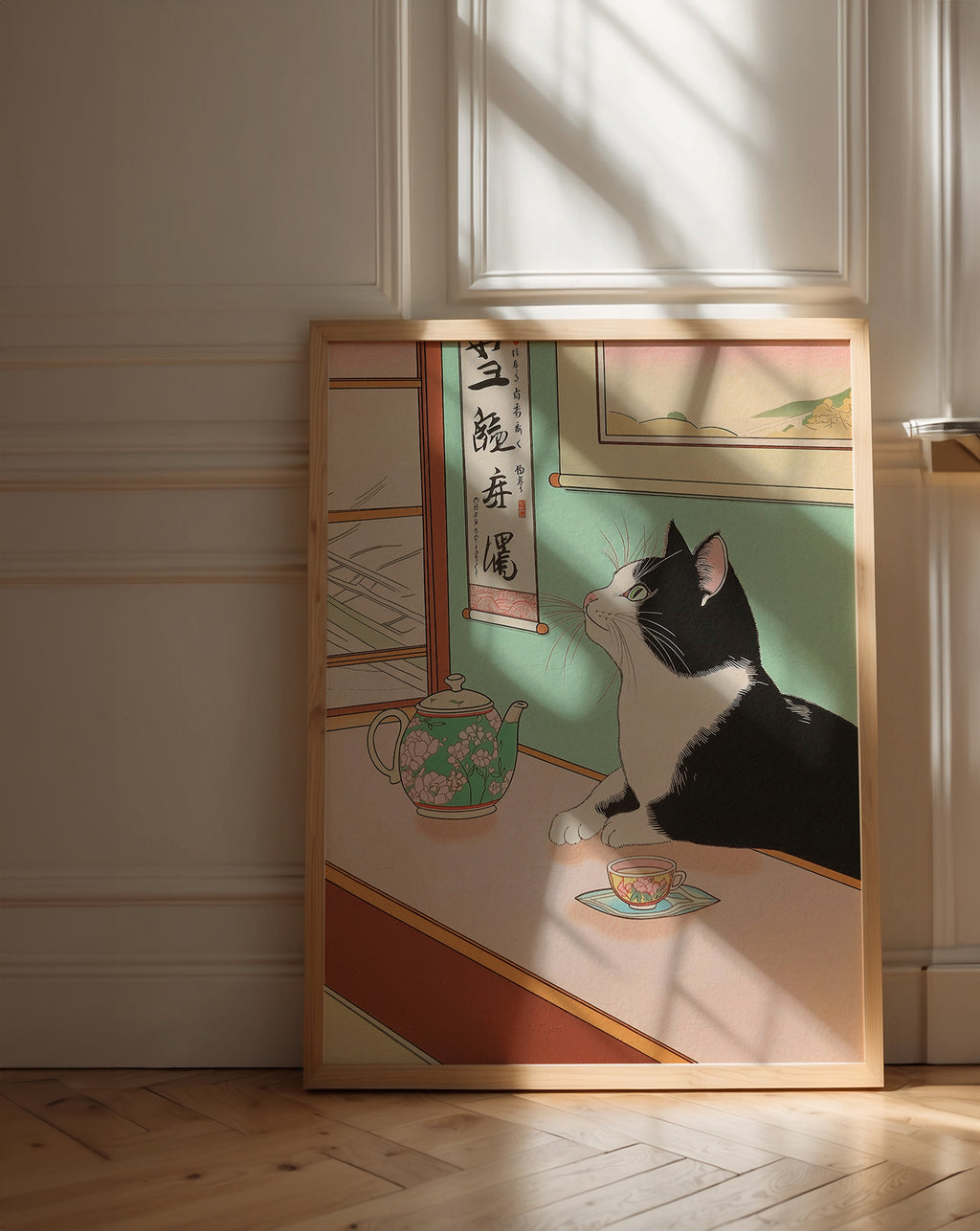 Väggmockup av Tranquil Feline affisch på ljus tegelvägg – Bozetto konsttryck i hög tryckkvalitet
