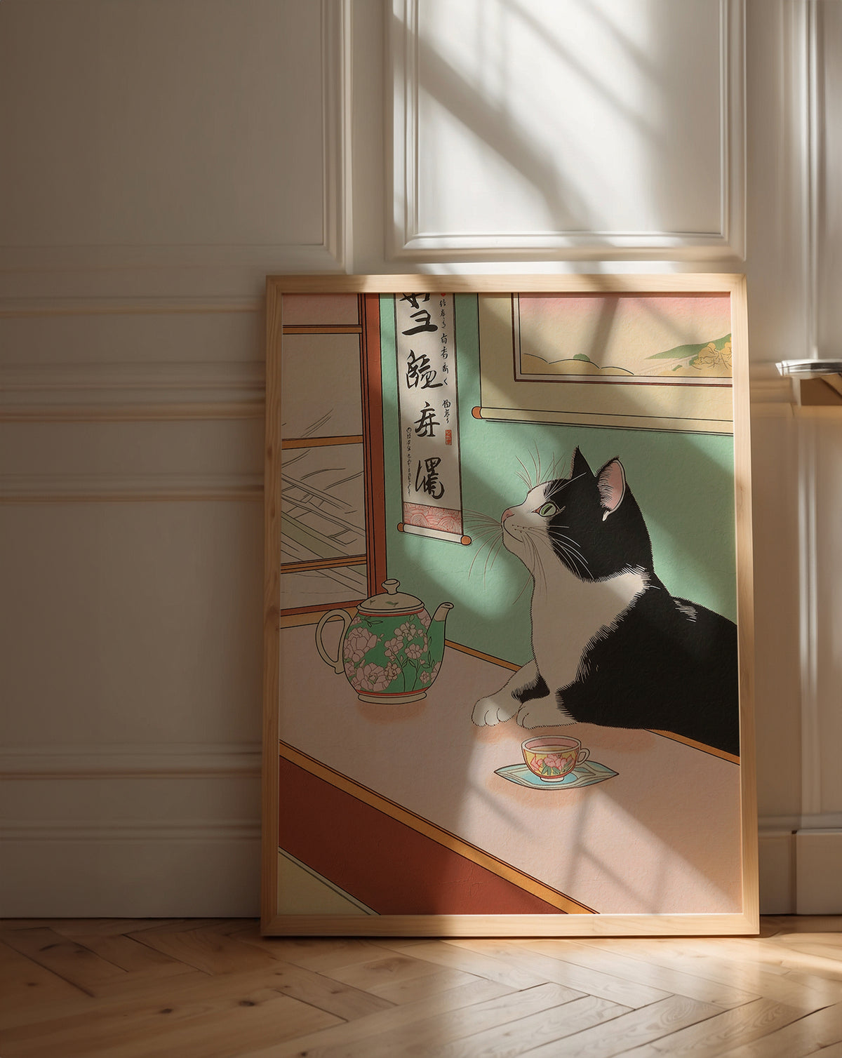 Väggmockup av Tranquil Feline affisch på ljus tegelvägg – Bozetto konsttryck i hög tryckkvalitet
