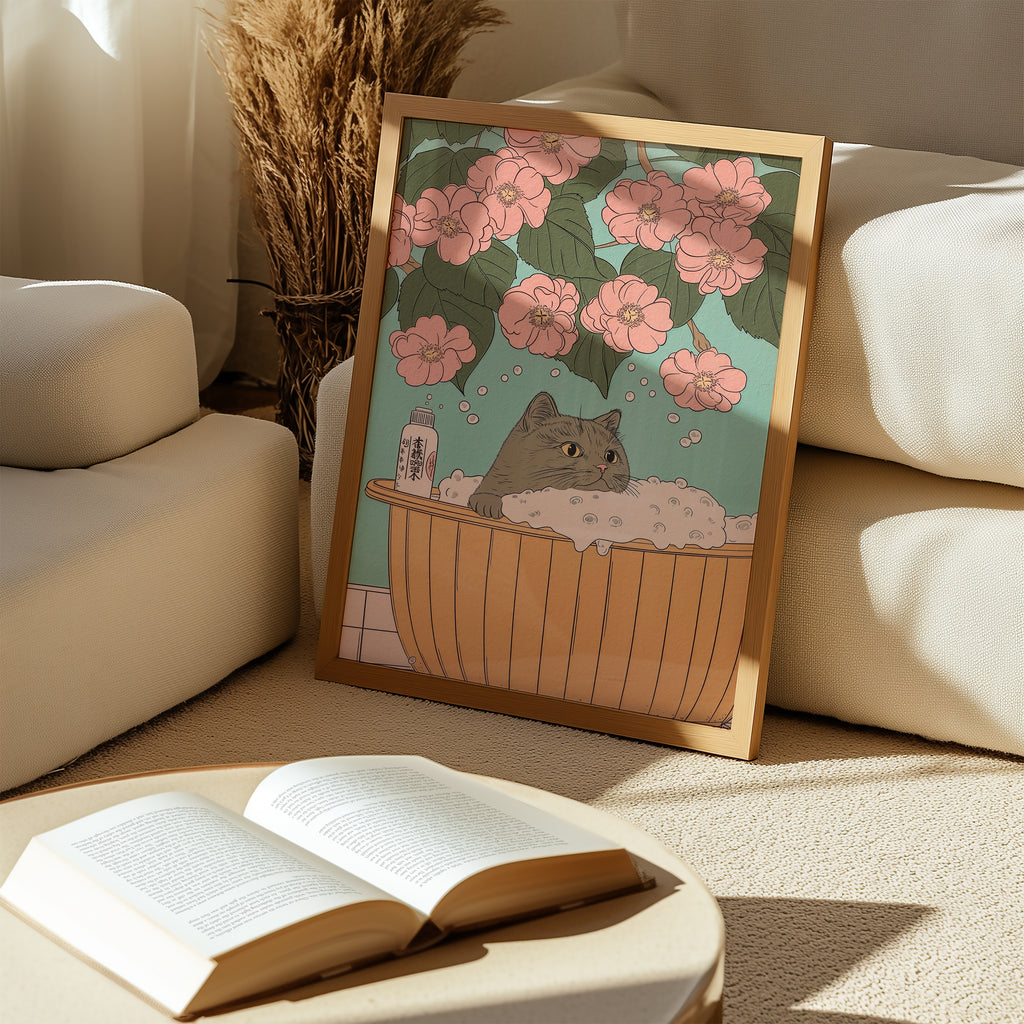 Väggmockup av Cat In Blossom Bath affisch på ljus vägg – Bozetto konsttryck – nr 2