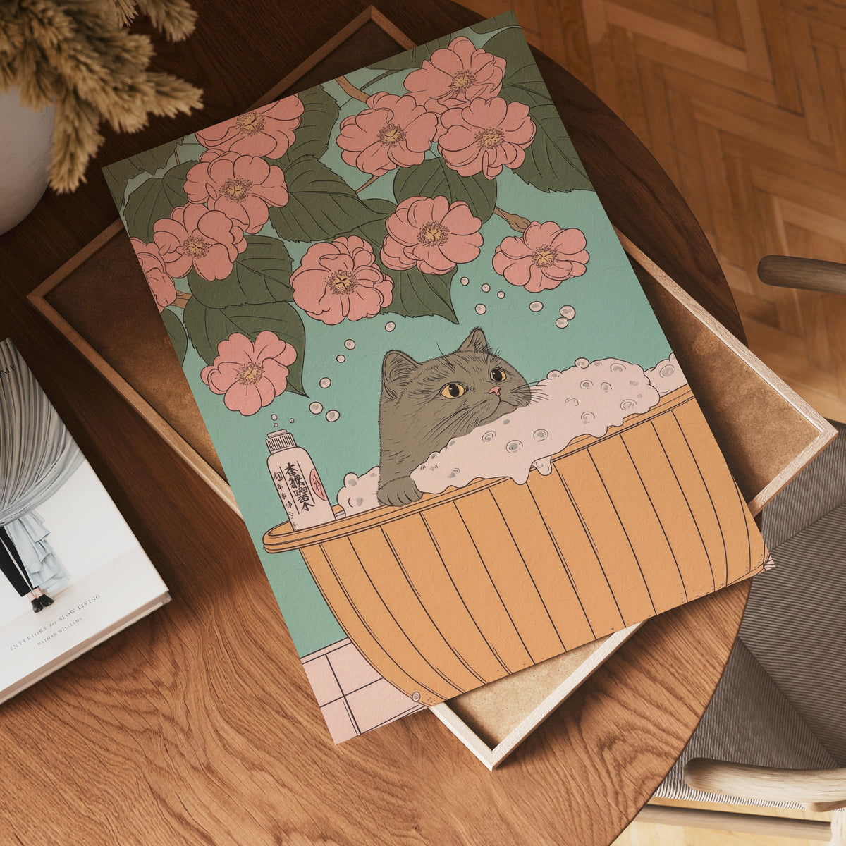 Väggmockup av Cat In Blossom Bath affisch på ljus vägg – Bozetto konsttryck – nr 4