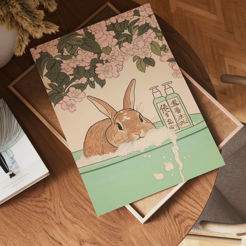 Tranquil Rabbit Moment poster visualiserad på vägg – stilren mockup från Bozetto