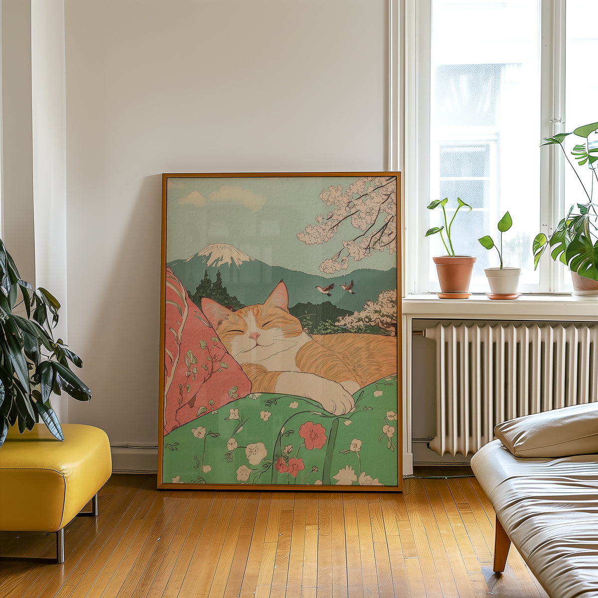 Väggmockup av Spring Nap Under Fuji affisch på ljus vägg – Bozetto konsttryck – nr 2