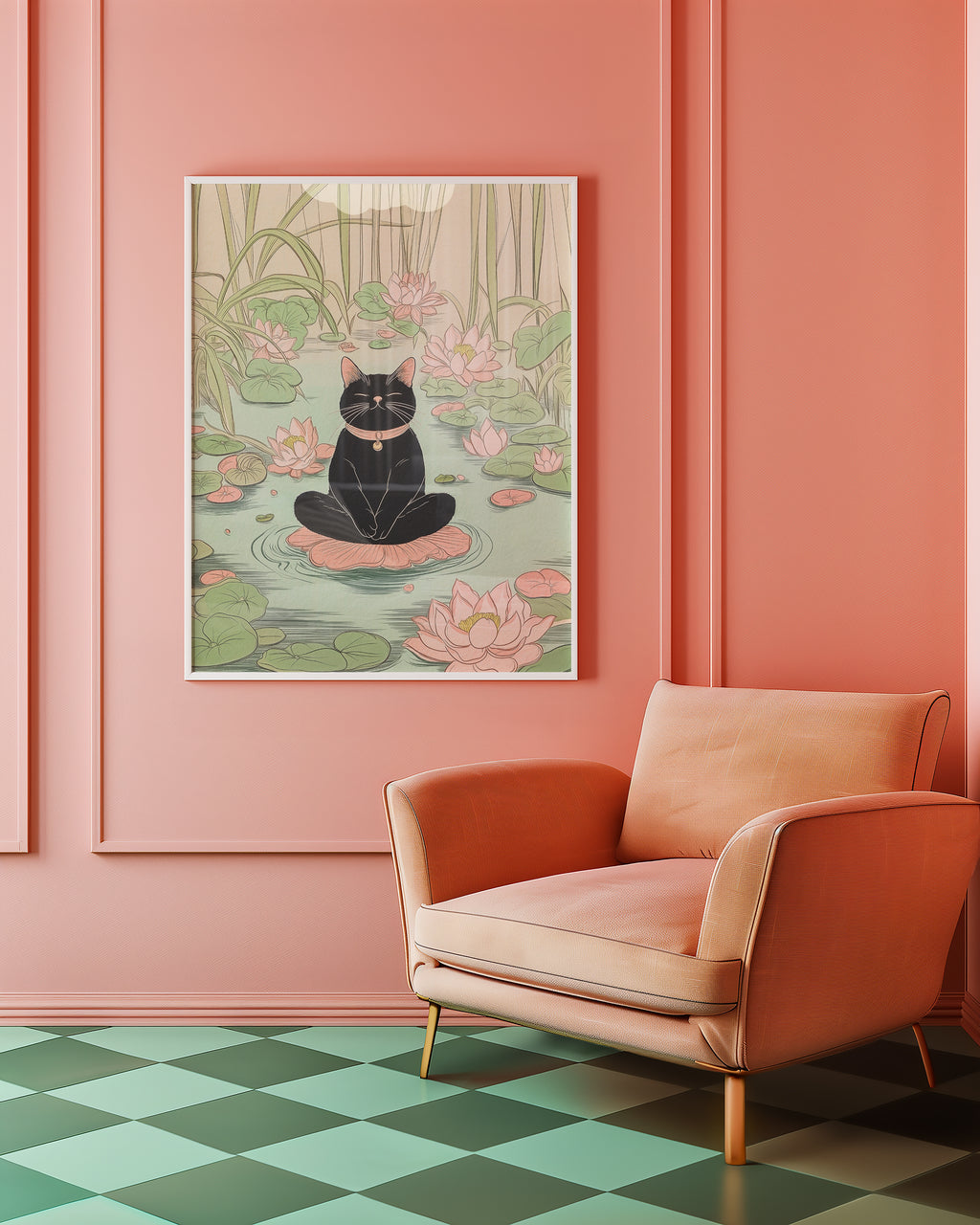 Väggmockup av Lotus Meditation Cat affisch på ljus vägg – Bozetto konsttryck – nr 2